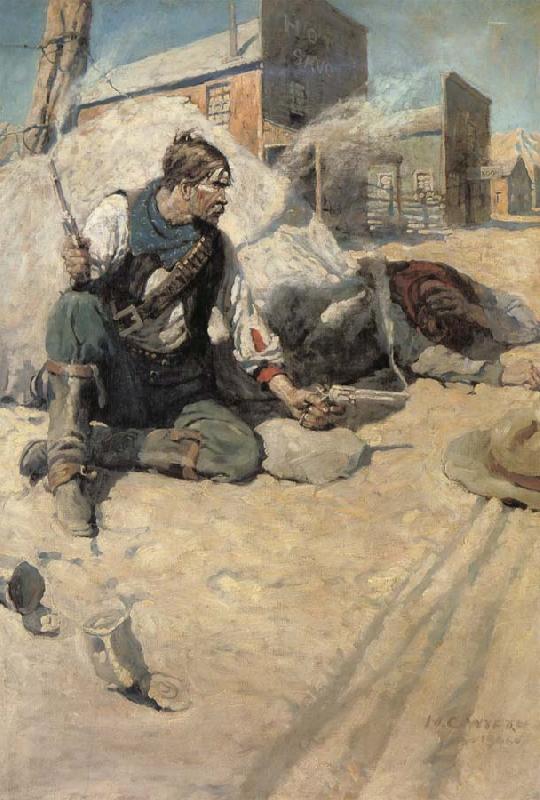 NC Wyeth Sitting up Cross-legged with each hand holding a gun from which came thin wisps of smoke oil painting image